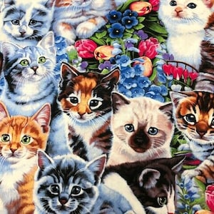 kitten  fabric, Garden kittens ,  Cat fabric, fat quarter, 1/2 ,yard cotton quilting fabric, sewing, kittens and flowers,