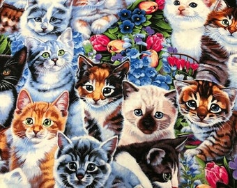 kitten  fabric, Garden kittens ,  Cat fabric, fat quarter, 1/2 ,yard cotton quilting fabric, sewing, kittens and flowers,