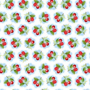 May include: A repeating pattern of red cherries with green leaves on stems. Each cluster of cherries is set against a light blue, scalloped background on a white backdrop. The design is a watercolor style.