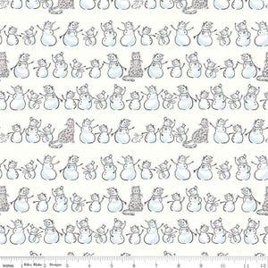 May include: White fabric with a repeating pattern of black and white snowmen, cats, and other winter-themed illustrations. The fabric is marked with a ruler in inches.