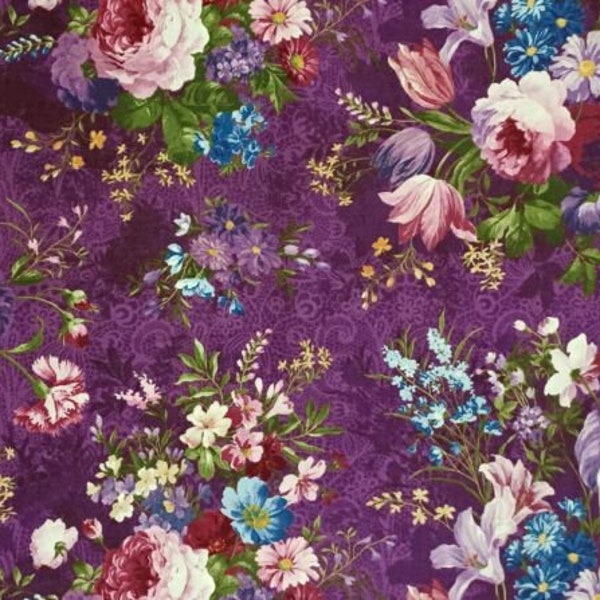 purple floral, Masterpiece purple, Packed Floral, JT C8489, Timeless Treasures, botanical blooms, Purple blossoms, large flowers,