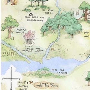 May include: A whimsical map illustration featuring locations like Pooh Bear's House, Rabbit's House, and the Sandy Pit Where Roo Plays. The map is hand-drawn with watercolor-style details, including trees, rivers, and text labels.