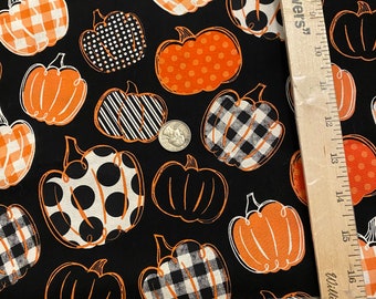 Pumpkin fabric, orange black pumpkins, Halloween fabric, polka dot pumpkins, gingham pumpkins, fall fabric,