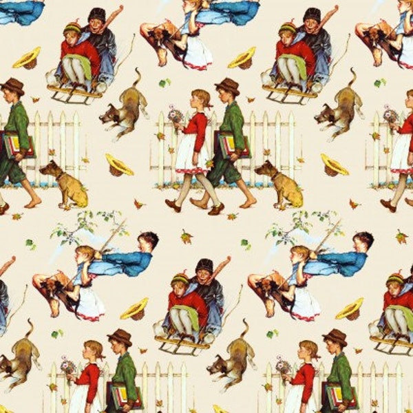 Norman Rockwell fabric, Young Love fabric, David's textiles, vintage Norman Rockwell, dogs flowers, snow sleds,