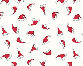 May include: White fabric with a repeating pattern of red Santa hats with white trim. The hats are drawn in a cartoon style and are scattered randomly across the fabric.