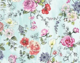 May include: A seamless pattern featuring a variety of pink, red, and white flowers on a light blue background. The flowers are drawn in a watercolor style and have a vintage aesthetic.