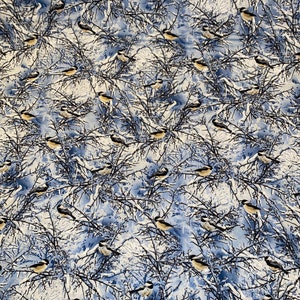 K&ouml;nnte beinhalten: Ein nahtloses Muster mit einem blauen und wei&szlig;en Aquarellhintergrund und einem sich wiederholenden Muster aus kleinen V&ouml;geln, die auf kahlen, schneebedeckten &Auml;sten sitzen.