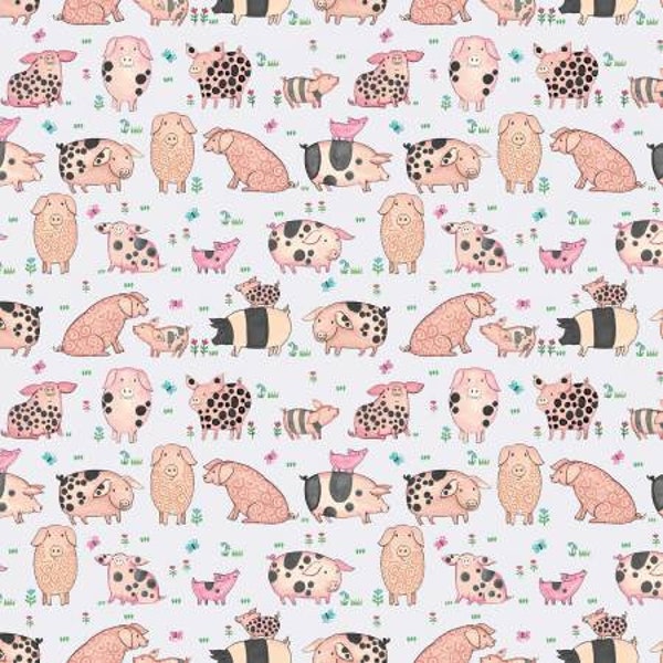 Pig fabric, animal fabric, baby pig fabric,  cotton quilting fabric, sewing fabric, 849-90, Henry Glass, Hay Day Pigs Flowers, mama baby pig