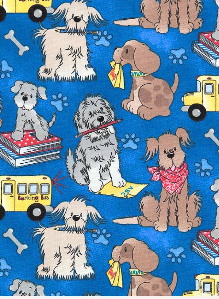 Dog fabric, Back to School Pups, dog fabric, Fabric traditions, 100% cotton, School Bus, Dogs with books, Blue dog bones, back To School