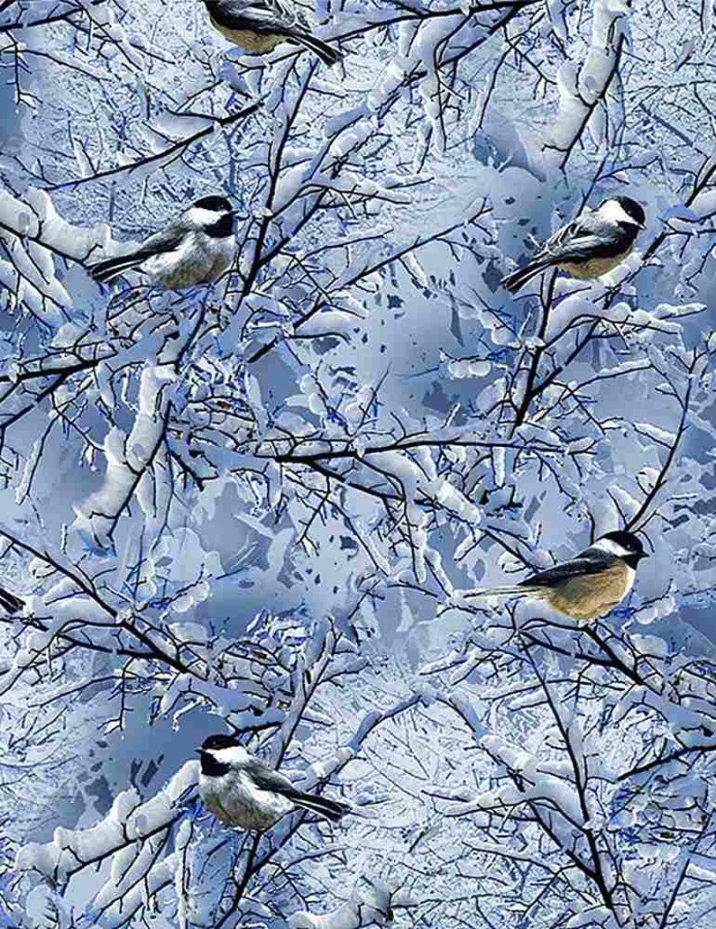 K&ouml;nnte beinhalten: Eine winterliche Szene mit einem schneebedeckten Wald und mehreren Kohlmeisen, die auf &Auml;sten sitzen. Die &Auml;ste sind mit Schnee bedeckt und der Hintergrund ist hellblau.