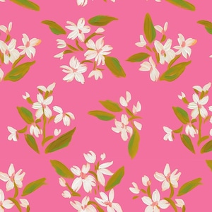 May include: A seamless pattern featuring white flowers with green leaves on a pink background. The flowers are stylized and have a painterly look.