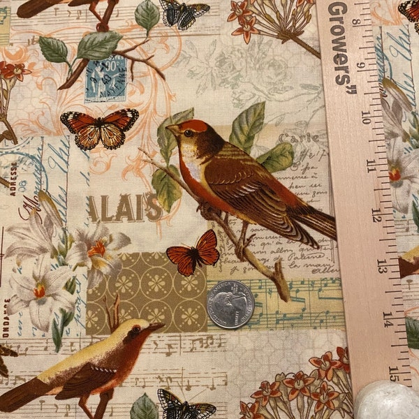 bird fabric, Oak Avenue birds, Birds butterfly fabric, Script fabric, music notes flowers, quilting, David's textiles