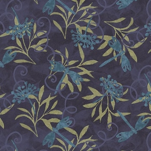May include: A seamless pattern featuring teal blue dragonflies and yellow-green leaves on a dark purple background.