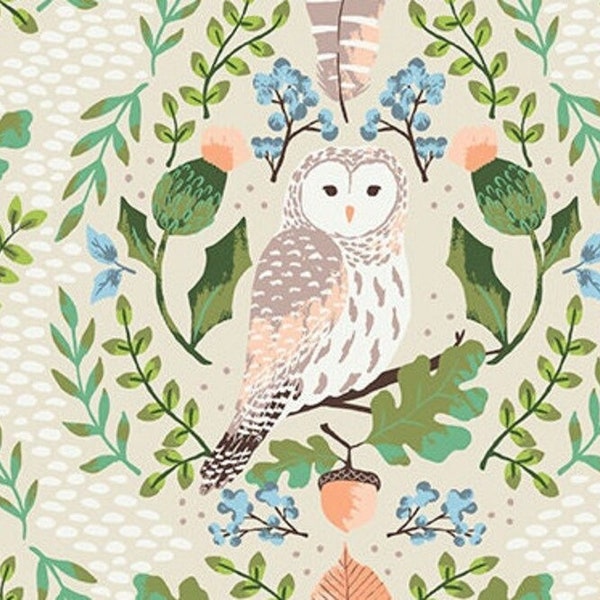 owl  fabric, forest animals, flowers and owls, Wildwood Wander Hidden Owl Taffy, C12431-TAFFY, Riley Blake, Acorns foliage, floral owl,