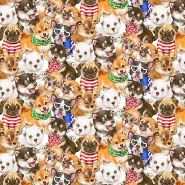 Puppy fabric, Trendy Puppies, Tan Packed Puppy, 6886S-35, Elizabeth's Studio, puppies in shirts, sunglasses pups,