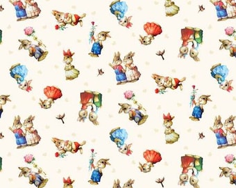 May include: A repeating pattern of watercolor-style bunnies in various poses, wearing outfits and holding flowers. The bunnies are in pairs, standing, and flying. The background is a cream color with small heart shapes.