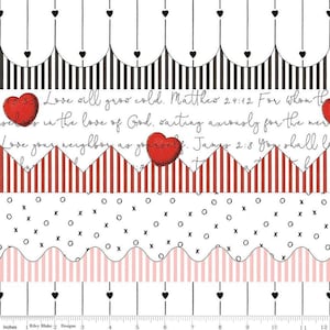 May include: A white fabric with a repeating pattern of red and white stripes, black and white stripes, and a black and white pattern of circles and crosses. The fabric also features a repeating pattern of hearts and a quote about love. The quote reads: "Love will grow cold. Matthew 24:12 For whom the love in the love of God. Waiting anxiously for the new love your neighbor as yourself. James 2:8 You shall be"