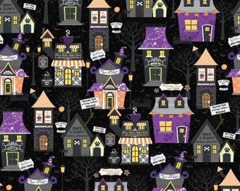 Halloween fabric, black Halloween, Halloween Town, Maywood Studio, Hometown Halloween, Halloween Houses, spooky town, Dog houses cats,