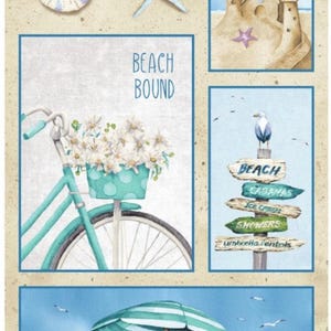 May include: A beach themed fabric panel with a blue bicycle with white flowers in the basket, a sandcastle, a beach umbrella, and two chairs on the beach. The text "Beach Bound" is on the panel.