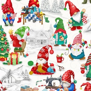 May include: A white background with a repeating pattern of gnomes wearing red, blue, and green hats. The gnomes are engaged in various activities, such as sewing, knitting, and decorating a Christmas tree.