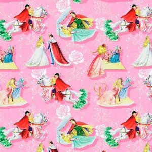 pink  Princess, Disney Princess, Happily Ever after,  fabric, Vintage Storybook, David&#39;s Textiles,  100% cotton