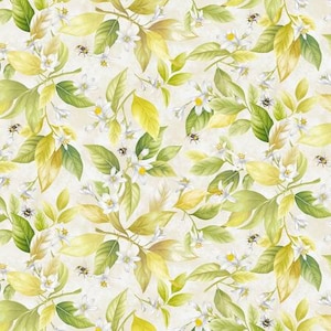 May include: A seamless pattern featuring white flowers, green leaves, and yellow leaves on a cream background. The pattern is reminiscent of a blooming citrus tree.