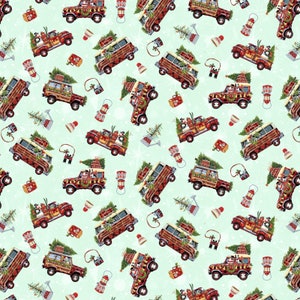 May include: A seamless pattern featuring a vintage red and white plaid station wagon with a Christmas tree and other holiday decorations on top. The background is a light green with snowflakes and other wintery elements.