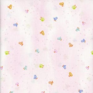 May include: A light pink fabric with a repeating pattern of small, colorful birds. The birds are in shades of yellow, green, blue, and pink, scattered across the surface. Tiny pink dots are also dispersed throughout the design.