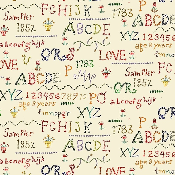 Folklore fabric, Dear Stella fabric, cotton quilting fabric, Folklore DJL2363,  Multi Sampler, Letters number, Alphabet, flowers,