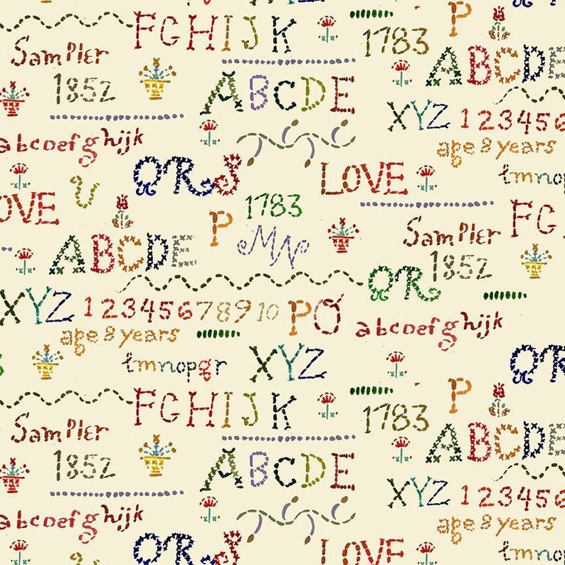 May include: A cream-colored background with a repeating pattern of colorful embroidered letters, numbers, and words. The words include "Sampler", "LOVE", "1783", and "age 8 years".