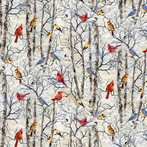 Winter birds, winter white  birds, tree and birds, Timeless Treasures  birds on snowy branches