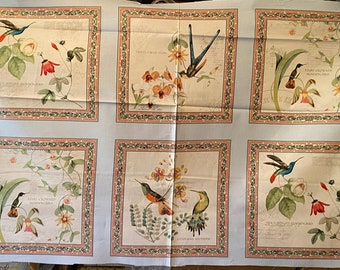 Hummingbird Panel, Hummingbird fabric, Hummingbirds in Style, Elizabeth's Studio, 23 inch panel, Birds Flower panels, Sickle Winged,