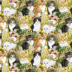 kitten fabric, Garden kittens, cat fabric, kittens flowers, David's Textiles,  DATAL-3583-0C-1, Animal Love Renewed, Kittens and Daisies,