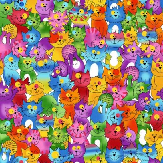 cat fabric, animal FLANNEL, cotton fabric, Oasis Fabrics, cotton flannel, Crazy Cats white, Cartoon Cats, rainbow cats, balls of yarn,