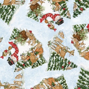 Christmas fabric, Tossed snowmen and animals, Susan Winget, trees animals, deer and birds, Springs Creative fabric, 100% cotton fabric,