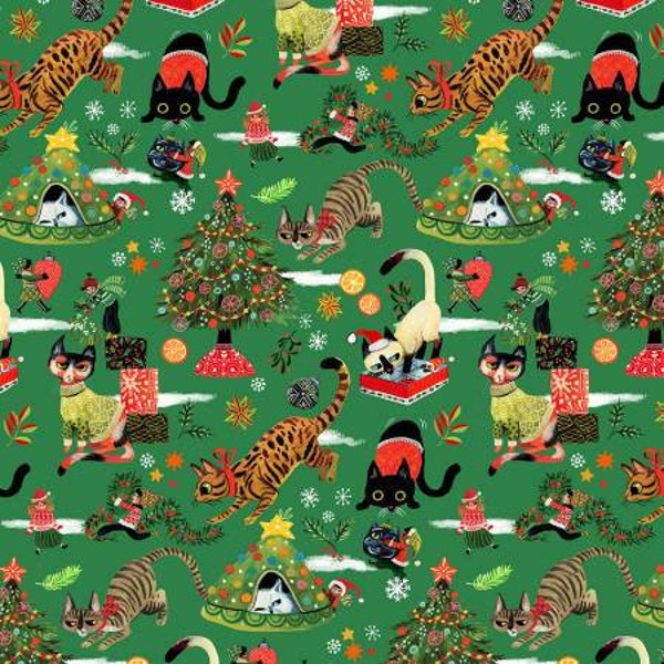 Christmas fabric, Christmas cats, cat fabric, Dear Stella, DMB 2225, Christmas trees cats, Pixie cats, Not Ameowsed, Pine green Christmas,