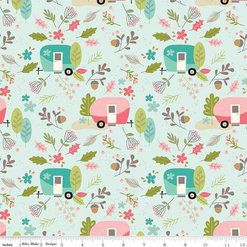 Camper fabric, Vintage Camper fabric, FLANNEL, Riley Blake, mint floral, 100%cotton fabric, leaves flowers, pin dots, Glamp Camp flannel