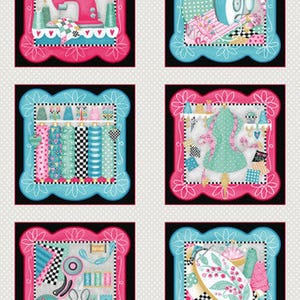 May include: A colorful fabric featuring a repeating pattern of sewing-themed illustrations. Each illustration is framed in a pink or blue frame and depicts a different aspect of sewing, such as a sewing machine, an iron, fabric scraps, and a dress form. The fabric also includes a border of sewing-themed icons.