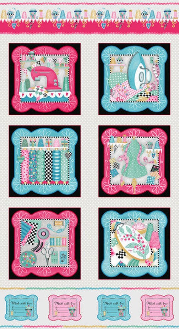 Sew Sleep Repeat, Henry Glazes, 24 Inch Repeat, Fabric Blocks, Sewing machines, quilting blocks, scissors, needles thread,