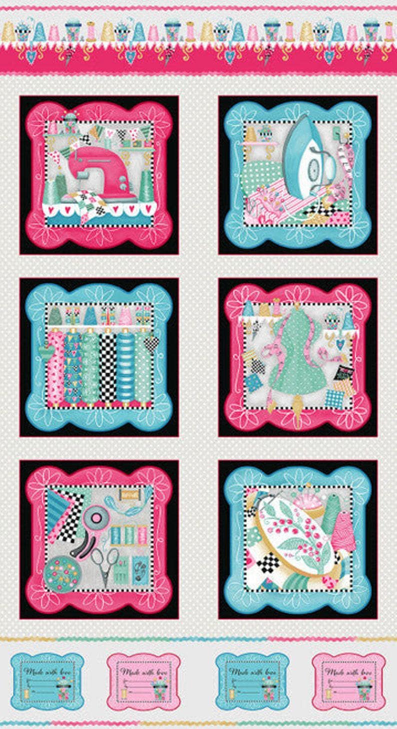May include: A colourful fabric featuring a repeating pattern of sewing-themed illustrations. Each illustration is framed in a pink or blue frame and depicts a different aspect of sewing, such as a sewing machine, an iron, fabric scraps, and a dress form. The fabric also includes a border of sewing-themed icons.
