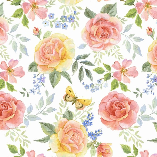 Roses butterfly fabric, Garden Inspirations, Butterfly Flowers, Rose fabric, Butterfly, multi tossed roses, Henry Glass, 100% cotton fabric