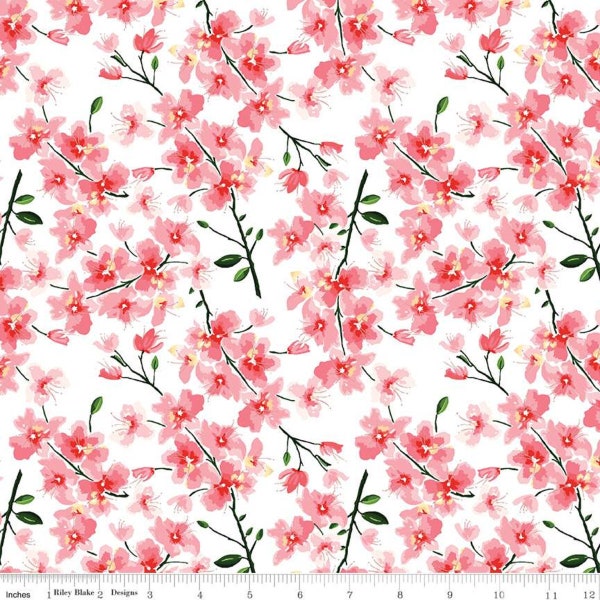 pink Floral fabric, multi tossed flowers, Mon Cheri Branches White, Riley Blake, pink white flowers, 100% cotton fabric,