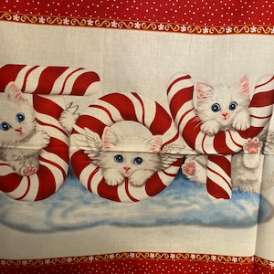 Christmas Panel, Kitten panel, Furry and Bright, Studio E fabric, Christmas White kittens, Red 24 Inch Panel, 7017PS-88, pillow panels,