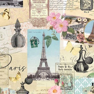 May include: A vintage-style collage featuring images of the Eiffel Tower, perfume bottles, butterflies, roses, and text in French. The collage has a light blue, pink, and cream color scheme.