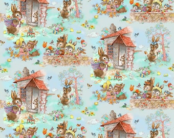Easter Fabric, Easter Egg  fabric, blue Easter fabric, Bunny Tails fabric, Henry Glass fabric, baby chicks, Easter Bunny,  Bunny Houses,