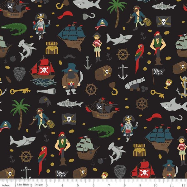 Pirate fabric, Shark fabric, black shark fabric, nautical fabric, Pirate ship, Black Pirate Tales,   Riley Blake fabric, 100% cotton