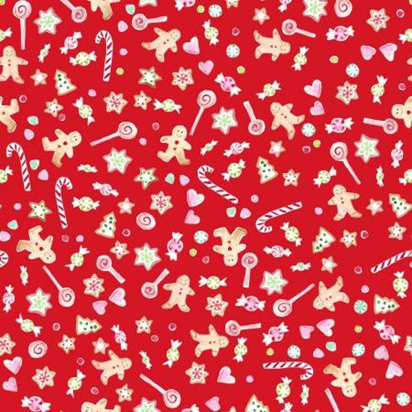 Christmas Gingerbread, red Christmas fabric, Red Gingerbread, 100 % cotton, Red Sweet Treats, FLSNK-D99-R, A Swell Noel, Christmas Candy,