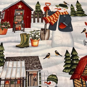 Christmas fabric, Snowmen, Gardening Snowmen,  cotton quilting fabric, Garden Sheds, Snowmen, seed packs, snowy Fences, herbs, rakes