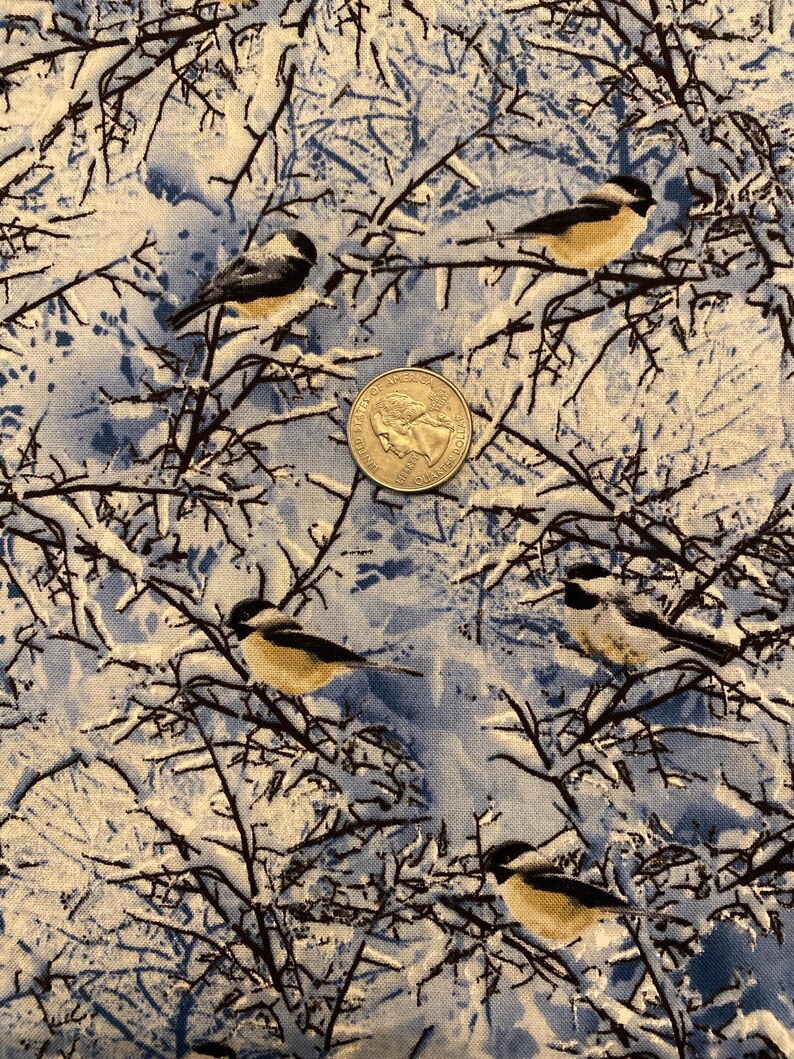 K&ouml;nnte beinhalten: Ein blauer und wei&szlig;er Stoff mit einem sich wiederholenden Muster aus kleinen V&ouml;geln, die auf kahlen, schneebedeckten &Auml;sten sitzen. Die V&ouml;gel sind braun, wei&szlig; und schwarz mit gelben Akzenten. Eine US-amerikanische 25-Cent-M&uuml;nze ist zur Gr&ouml;&szlig;enbestimmung enthalten.