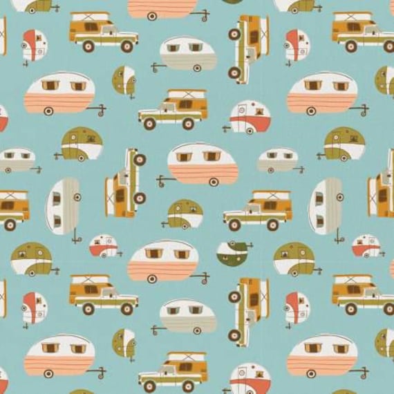 Camper fabric, Vintage Camper fabric, Vintage Trailers, camping fabric, Paintbrush Studio, blue campers, Blue Vintage Camping,  120 20151